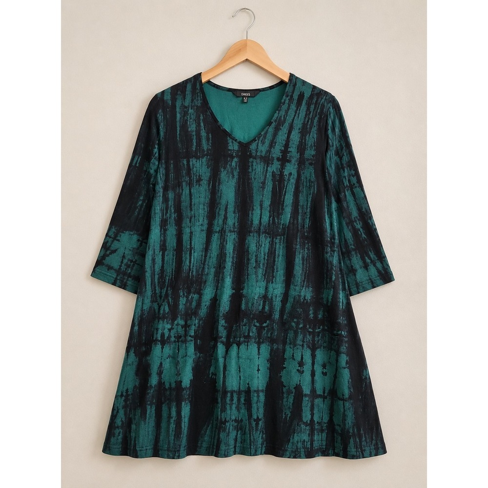Ulla Popken Dress 16/18 Green Black Tie Dye 100% Cotton V Neck Lagenlook Boho